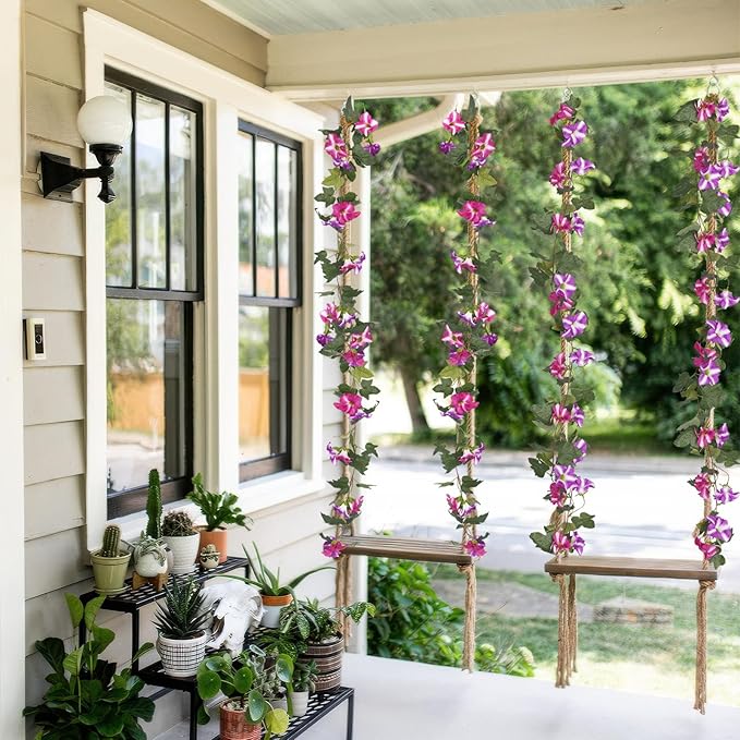 CISDUEO 2 Pcs Artificial Vines for Outdoors Silk Morning Glory Garland 11.5 Ft Hanging Flowers Plants Fake Petunias Vines for Indoor Home Decor Wall Fence Mantle Stairway Mailbox Rose Red and Fuchsia
