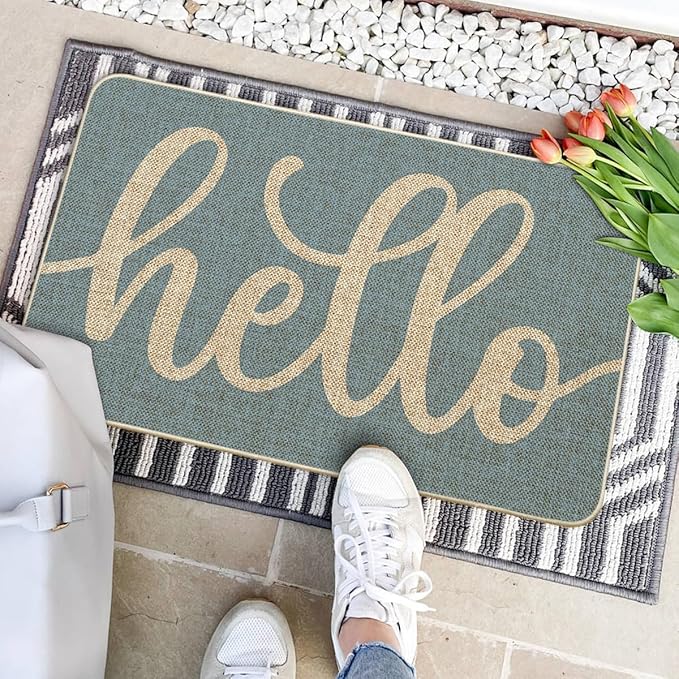 Artoid Mode Blue Hello Winter Doormat, Christmas Home Decor Low-Profile Switch Rug Door Mat Floor Mat for Indoor Outdoor 17x29 Inch