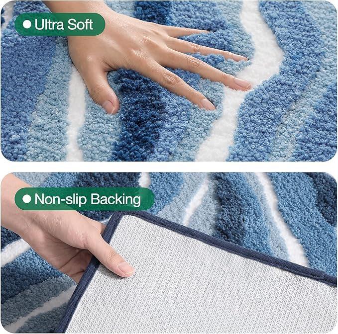 LUMI Absorbent Bathroom Rug Non Slip Rubber Backing, Machine Washable Wave Bath Mat Soft Premium Microfiber, Beach Bath Rugs Quick Dry for Bathtub and Shower Floor, 20"x32"