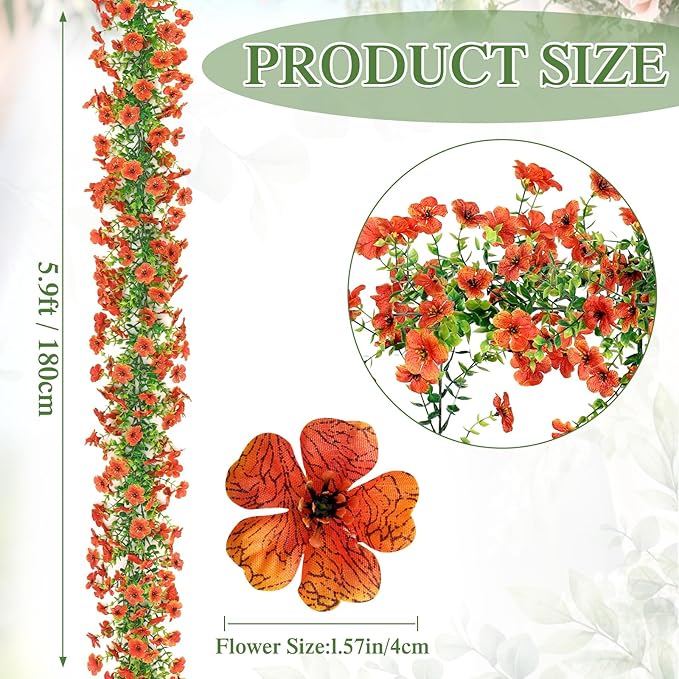2 Pack Artificial Flowers Garland Ivy,Spring Summer Decor UV Resistant Fake Daisy Vines Floral Vine Silk Hanging Flower for Decor Home Garden Wedding Photo Booth Backdrop (Orange)