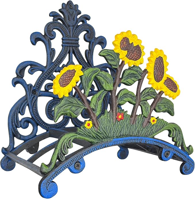 Cast Iron Garden Hose Holder Wall Mount, Rustic Heavy Duty Water Hose Hanger, Decorative Vintage Hose Reel Organizer for Outside Garden Yard Patio, Painted Sunflower Design