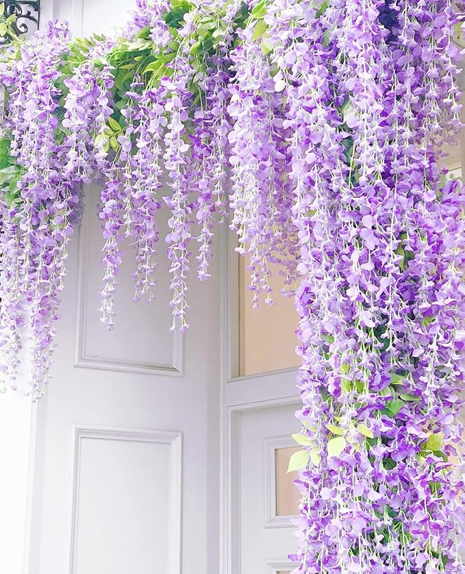 Wisteria Hanging Flowers 24 Pack Artificial Flowers Fake Wisteria Vine Rattan Hanging Garland Silk Flowers String for Party Home Wall Greenery Wedding Decor（Purple）