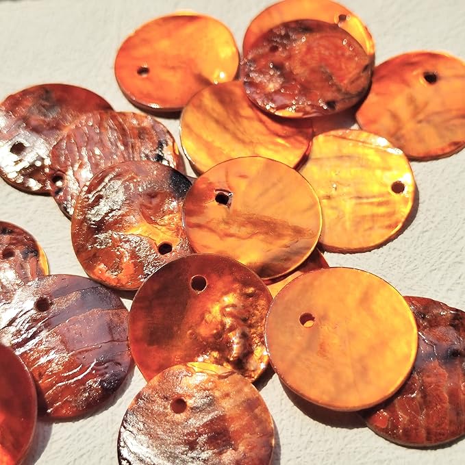 Firstmeet Shell Beads 150pcs Natural 15mm Flat Round Mussel Shell Coin Drop Charm Beads with Iridescent Back for Handcraft Jewelry Making(DIY-1023-Orange-15)