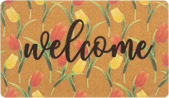 Tulip-Welcome-Doormat for Indoor Outdoor Entrance Floral-Spring-Door-Mat Non Slip Coir Seasonal Doormat for Spring Easter Home Decor 17 x 29 Inches