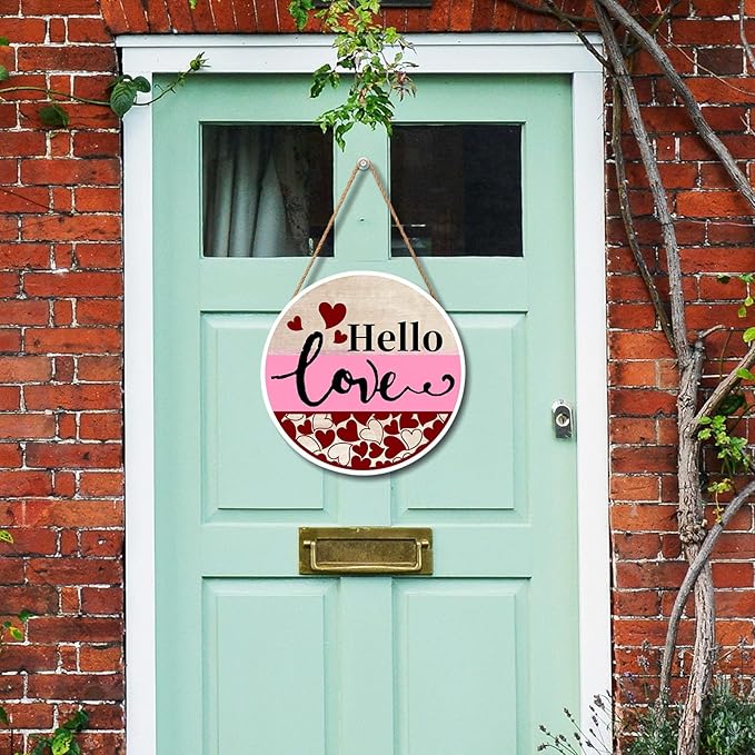 Valentine's Day Hello Love Door Sign For Front Door Decor,Red Heart Wooden Sign 12"x 12" Round Wood Hanging Door Sign Valentines Decoration for Wall Rustic Farmhouse Porch Decor