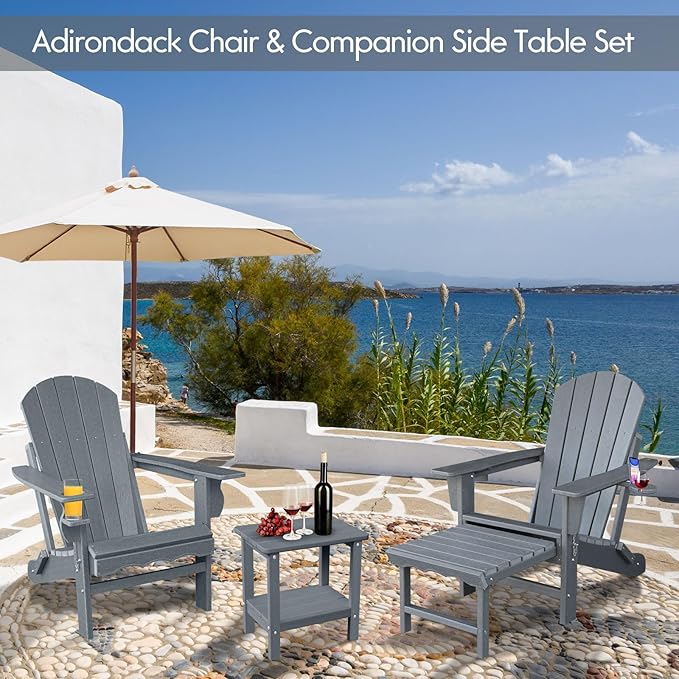 Folding Adirondack Chairs, Oversized HDPE Adirondack Chairs with Side Table and Cup Holder, Outdoor Fire Pit Chairs for Patio Garden and Backyard, Deck, Grey