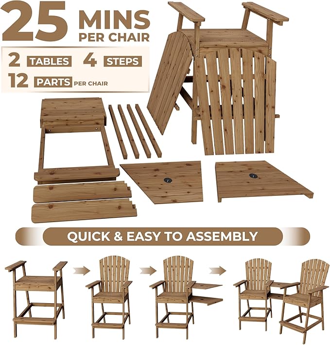 GarveeLife Outdoor Bar Height Adirondack Chairs with Connecting Tray, Balcony Chairs Adirondack for Deck, Backyard, Outdoor Tall Adirondack Chairs, Patio High Set of 4, Natural Wood
