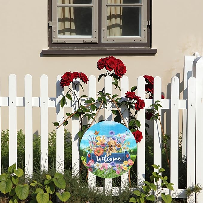 Spring Welcome Door Sign Flower Truck with Retriever Dog Door Hanger Summer Floral Butterfly Decorative Hanging Porch Signs for Wall Outdoor