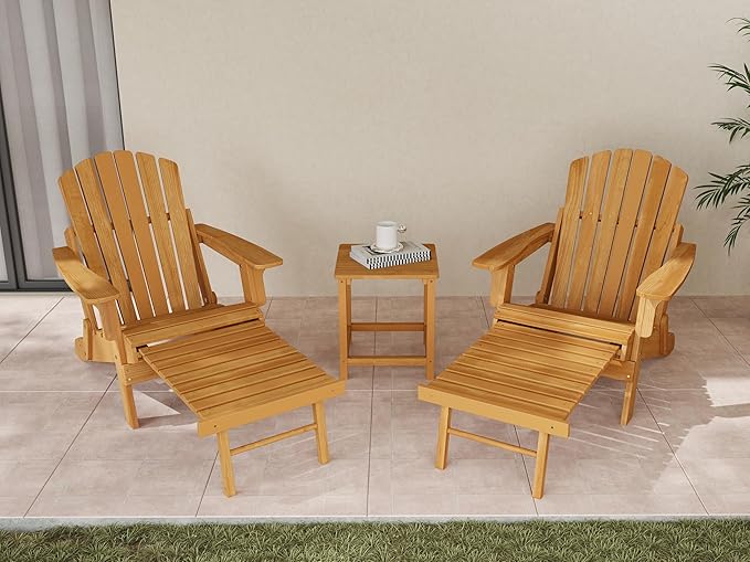 SoliWood Set of 2 Oversized Outdoor Wooden Folding Adirondack Chair with Retractable Ottoman, Wood Patio Chair with Footrest for Garden Backyard Porch Pool Deck Firepit