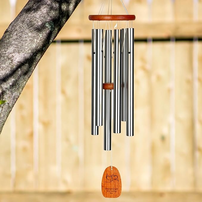 Woodstock Wind Chimes Personalized Amazing Grace Memorial Chime for Outside 24'' Medium Silver Customized Double Heart Wind Chime for Outdoor Patio Home Garden Décor & Wedding Gift (P-AGMS15)
