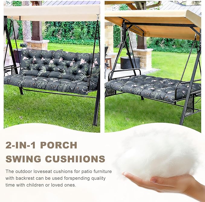 Porch Swing Cushion with Backrest,Waterproof Bench Cushion for Outdoor Furniture,2-3 Seater Replacement Thickened Swing Cushion with Ties,Patio,Outdoor,Backyard and Garden (Tropical Blossom,47x40")