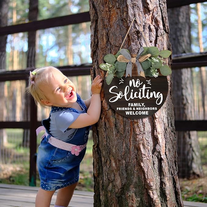 CHDITB 3D No Soliciting Front Door Hanging Sign (12”x12”), Family Friends Neighbors Welcome Wreath with Bow Eucalyptus Leaves, Rustic No Solicitior Solicition Door Hanger Decor for House Door Porch