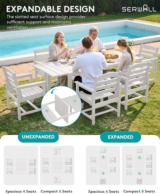 SERWALL 5-Piece Outdoor Table and Chairs, 60" - 83" Expandable Outdoor Dining Table with Aluminum Frame & HDPE Tabletop, All Weather HDPE Patio Furniture Set for Backyard, Garden, White