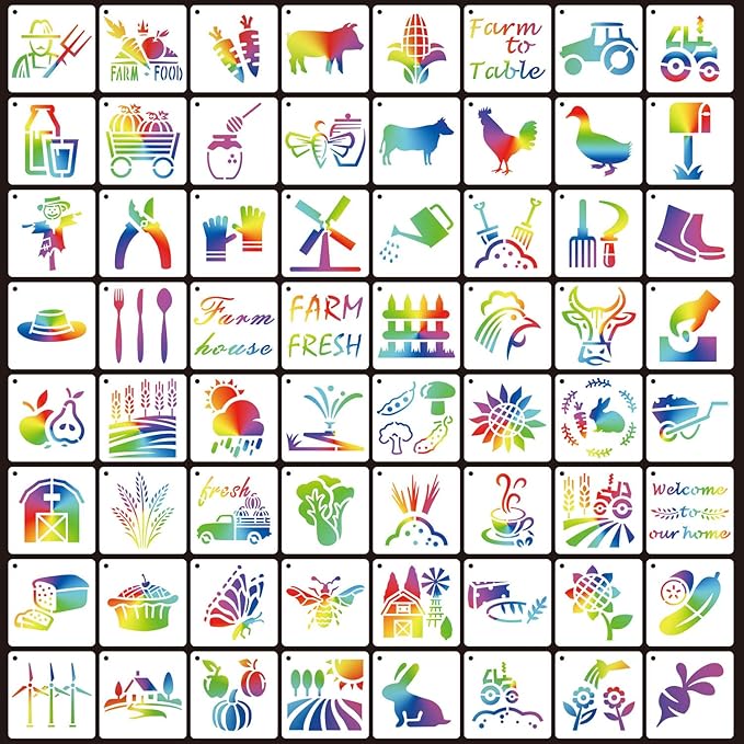 64 Pieces Stencils for Painting, Small Reusable Farmhouse Stencil, Art Craft Template for Painting on Wood, Wall, Fabric, Rock, Chalkboard, Sign, DIY Art Scrapbook Projects(Farm)
