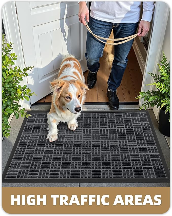 Color&Geometry Front Door Mat Outside Entrance, Heavy Duty Non Slip Low Profile Doormat for Entryway, Trap Dirt and Moisture Welcome Mats All-Weather, Easy Clean, Patio, Garage, 24"x36" Black