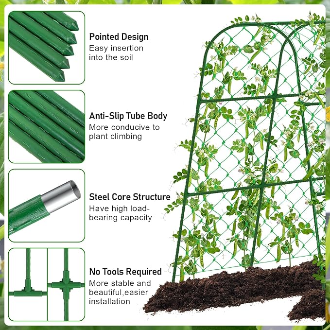 Cucumber Trellis for Raised Bed, U-Shape Garden Trellis for Climbing Plants Outdoor, Adjustable Metal Arch Vegetables Trellis with Climbing Net for Tomato, Bean, Grape, Zucchini