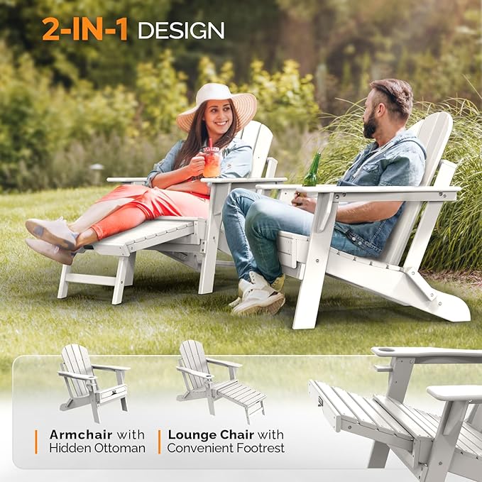 VINGLI Folding Adirondack Chair with Ottoman, Waterproof Plastic HDPE Firepit Chair for Outside with Hidden Footrests, Foldable Ergonomics Seating for Patio Porch Yard Garden(White)