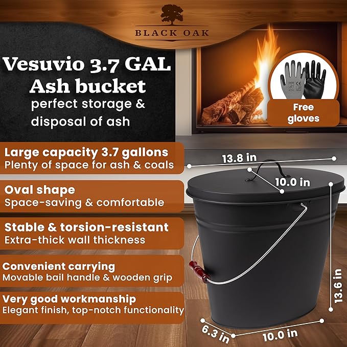 BLACK OAK Ash Bucket Vesuvio 3.7 GAL –black oval with lid & gloves –large 15L –fireproof galvanized steel & powder-coated ash & coal bucket –accessory for fireplaces, tiled stoves, wood-burning stoves