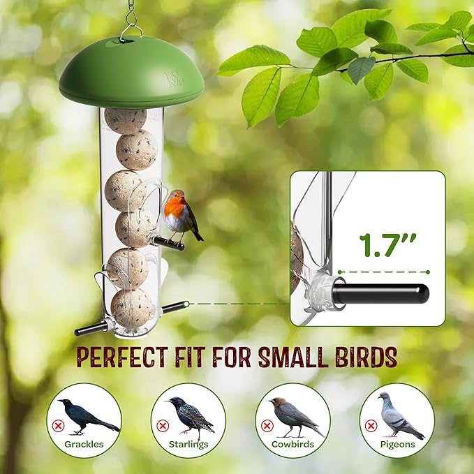 LONA Suet Ball Bird Feeder Outdoor Hanging Fat Ball Feeders with Versatile Mount Durable Weatherproof Washable Transparent Tube Wire Steel Metal Feeder for Wild Birds