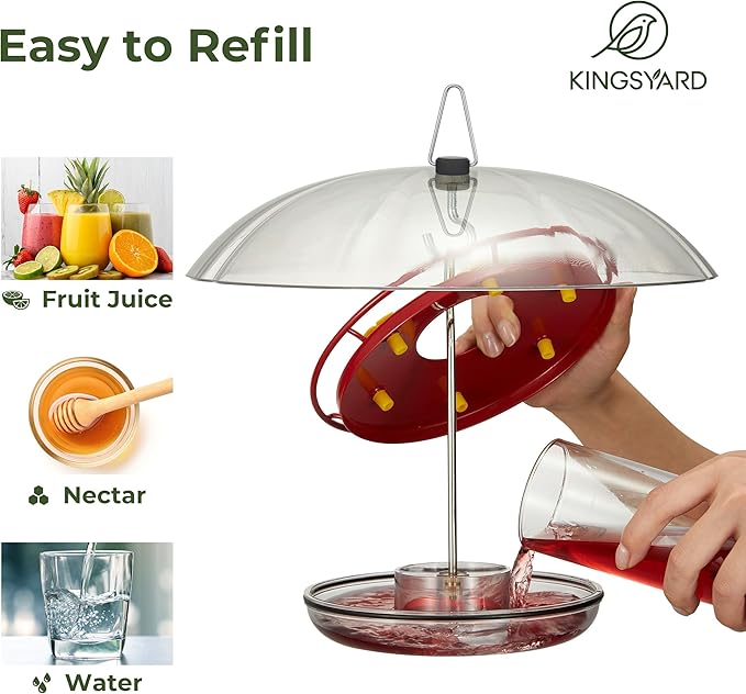 Kingsyard Weatherproof Hummingbird Feeder for Outdoors Hanging - Heavy Duty Metal lid with 6 Bee Guard Feeding Ports & Circular Perch, Built-in Ant Moat, Easy to Refill & Clean (12oz/Red)