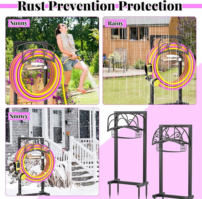 Garden Hose Holder,Heavy Duty Freestanding Detachable Storage Reel Stand,Upgraded 4 Spikes Hose Hanger for Outside Yard Lawn (curved line with Storage Basket)