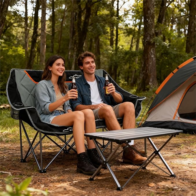 FAIR WIND Oversized Fully Padded Camping Chair Folding Loveseat Camping Couch Double Duo Chair Heavy Duty Quad Fold Arm Chair with Cup Hold - Supports 650 LBS Black