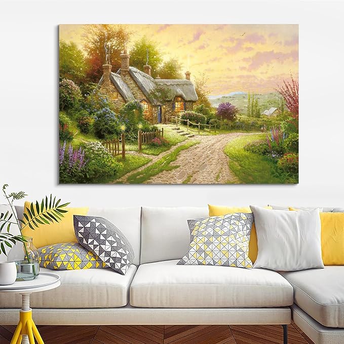 STUDIO HAVEN Thomas Kinkade Canvas Wall Art, Thatched Cottage Country Lane Colorful Flowers Sunset Glow Oil Painting Poster Rustic Wall Decor, Framed Prints for Home Decor, 36x24Inch