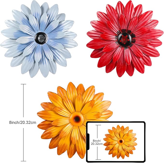 Hotop 3 Pcs Metal Flower Wall Art 3D Metal Daisy Wall Decor Multiple Layer Hanging Flower Rustic Farmhouse Boho Style Decorations for Indoor Outdoor Home Living Room Office Garden, 8 Inches(Retro)