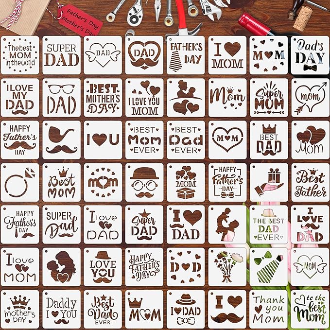 Augshy 56pcs Father's Day & Mother's Day Stencils, 3x3 Inch, Reusable, PET Material, Artistic Crafts & Home Decor