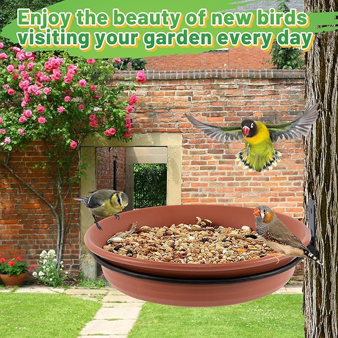 Fence Bird Feeders Tray - Tree Mounted Wild Bird Bath for Outdoors Place Food Water, Installed on Deck Wall Stakes with Heavy Duty Iron Ring, 8.3'' Dia. (Brown)