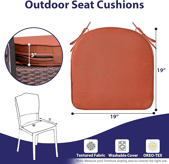 Outdoor Chair Cushions Set of 4 -Waterproof Outdoor Seat Cushions for Patio Furniture, Patio Chair Cushion with Handle and Ties, Round Out Door Chair Pads,19" x 19" x 3", Spice