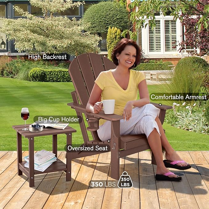 nalone Folding Adirondack Chairs Set of 2 with Cushion with Cup Holder, HDPE Plastic Oversized Patio Chair Weather Resistant, Used in Outdoor, Fire Pit, Deck, Garden, Campfire Chairs