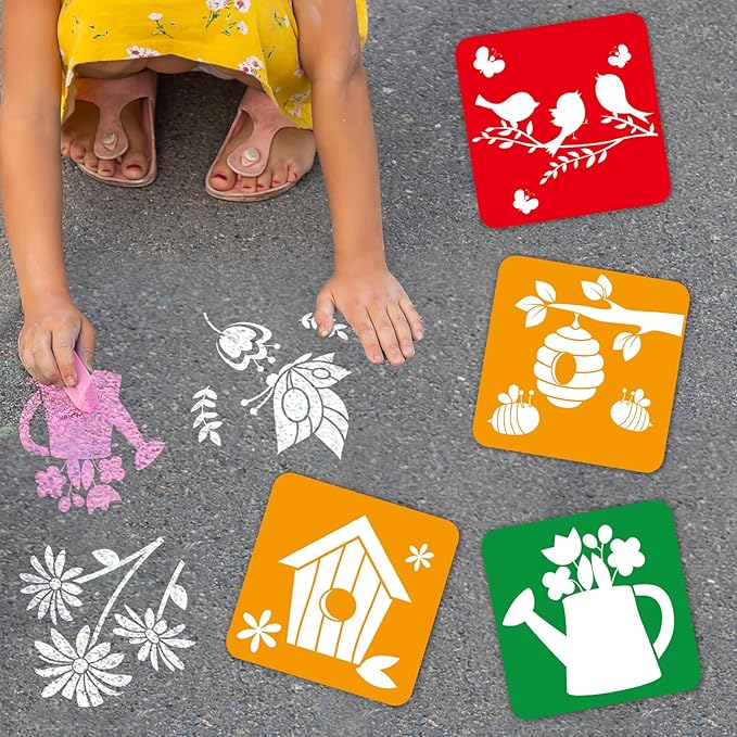 36pcs Spring Drawing Stencils for Kids 8 Inch Sidewalk Chalk Stencils Painting Large Washable Reusable Spring Themed Flowers Primary Shape Template for Kids Toddlers Preschool