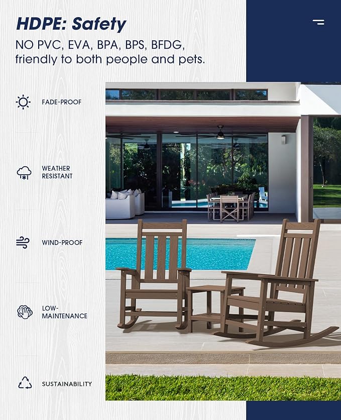 KINGYES Oversized Outdoor Rocking Chair, All-Weather Patio Rocking Chairs for Porch, HDPE Outdoor Patio Rockers with High Back & Wide Seat for Garden, Lawn, Brown