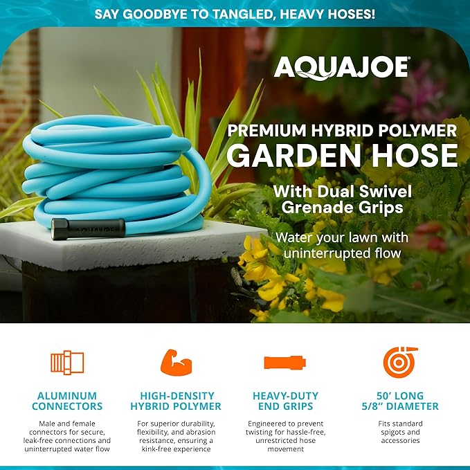 Aqua Joe Garden Water Hose with Dual Swivel Grenade Grips, Kink-Free and Flexible Hybrid Polymer, 50 Ft - Heavy-Duty, Expandable, and Lightweight Watering Tool for Gardening, AJPGH50-PRO