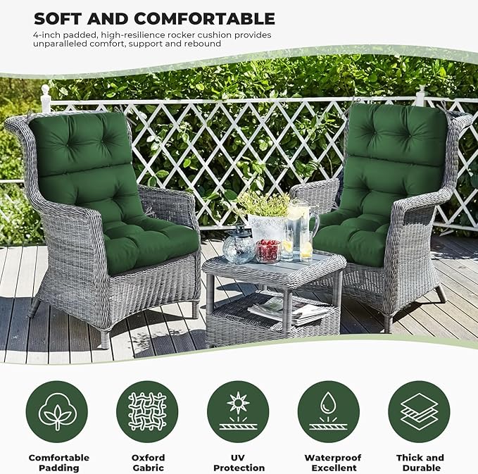 Outdoor/Indoor High Back Chair Cushion, Waterproof Outdoor Rocking Chair Cushion with Ties, Tufted Replacement Seat Cushions for Outdoor Furniture, Green