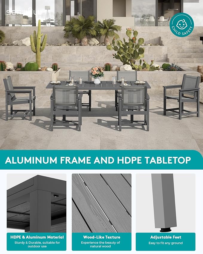 SERWALL 5-Piece Outdoor Table and Chairs, 60" - 83" Expandable Outdoor Dining Table with 4 Breathable Textilene Chairs, All Weather HDPE Patio Furniture Set for Backyard, Garden, Grey