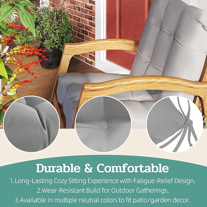 Outdoor Chair Cushion, 42x21x4 Inch Patio Cushions for Dining/Rocking Chairs, High Back Soft Seat Pad with Ties, Indoor Outside Use, Fade-Resistant & Waterproof, Light Gray
