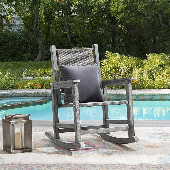 Rocking Chair Outdoor, Wicker Rocking Chair for Outside, Woven Seat & Back, All Weather Ratten Outdoor for Porch, Garden, Lawn, and Balcony (Grey)