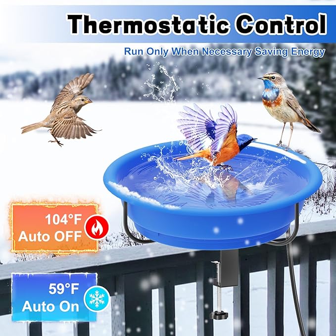 Heated Bird Baths for Outdoors Winter,100W Thermostatically Controlled Heated Bird Bath for Deck Railing Adjustable Metal Clamp Heated Birdbath for Outside Garden Patio Yard Lawn(Blue)