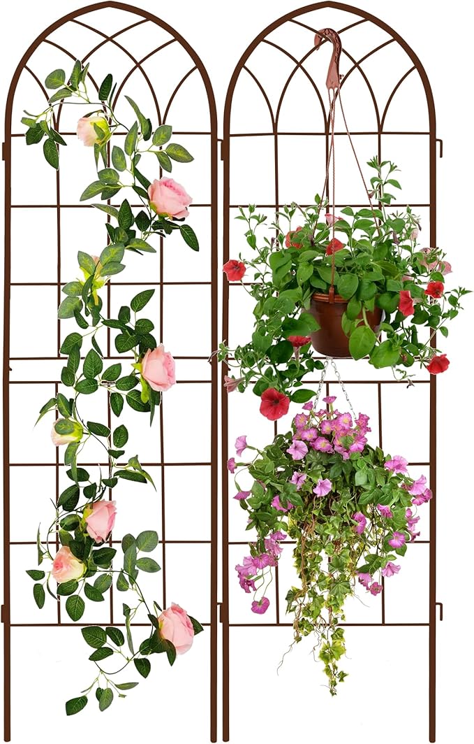 LZRS 2 Pack Rustic Iron Arch Decoration Garden Trellis with Black Metal Coating – Perfect for Supporting Climbing Plants Outdoor, Roses, Vines, Flowers, and Vegetables,Brown