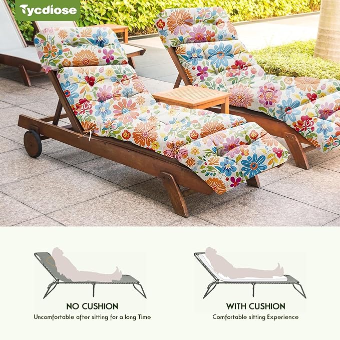 Outdoor Chaise Lounge Chair Cushion Waterproof 74.4 x 22 x 4.7 Inches Memory Foam Lounge Chair Cushions for Outdoor Furniture with Ties, Thickened Pool Lounger Cushion, Colorful Daisy
