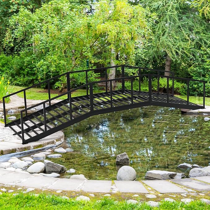 Metal Garden Bridge 8 FT with 4 Ground Stakes, 770 lbs Capacity Black Powder Coated Footbridge for Backyard, Lawn, Creek, Stream & Garden Decor