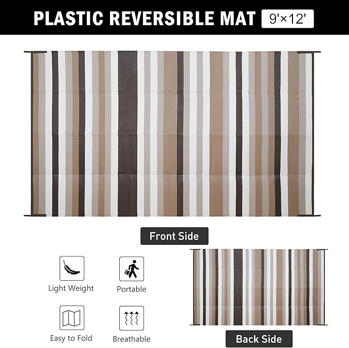 HUGEAR Outdoor Waterproof Rug 9'x12' Plastic Straw Rugs Washable Reversible Floor Mat Brown Stripe Carpet for Camping RV Deck Entryance Porch Picnic Balcony Beach Backyard