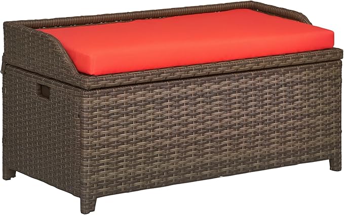 Outsunny 34 Gallon Outdoor Wicker Storage Bench Deck Box, PE Rattan Patio Furniture Pool Storage Bin Container with Interior Waterproof Cloth Bag and Comfortable Cushion, Red