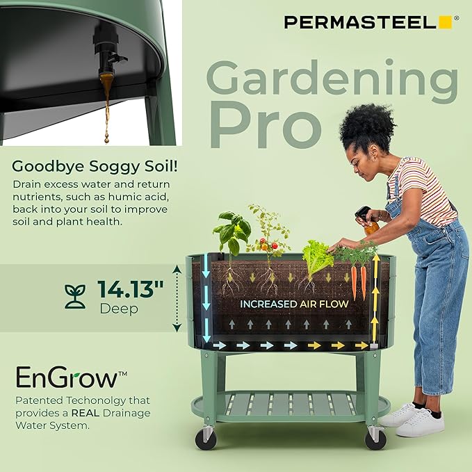 Permasteel Raised Garden Bed with Legs, 40×20×37 in, Planter Box with EnGrow™ TrueSoil™ Technology for Vegetables, Flowers, Herbs, and Fruit, Outdoor Indoor, Storage Shelf, Sage
