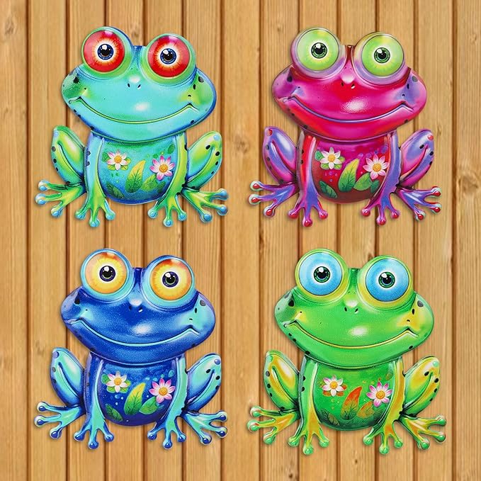 Metal Frog Wall Decor, 4Pcs Frog Iron Wall Art Sculptures Art Frogs Wall Hanging Sculpture Decoration.Outdoor Fence Art for Home Garden, Fence, Patio, Yard, Bedroom Outside Gifts for Adults