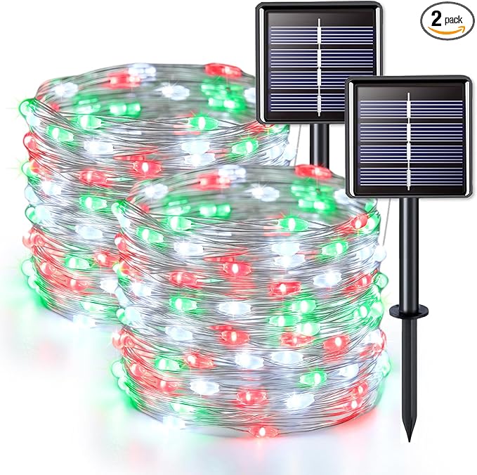 JMEXSUSS 2 Pack Red White and Green Solar Christmas Lights, Each 33FT 100 LED Solar String Lights Outdoor, Waterproof Solar Fairy Lights for Outside Christmas Decorations