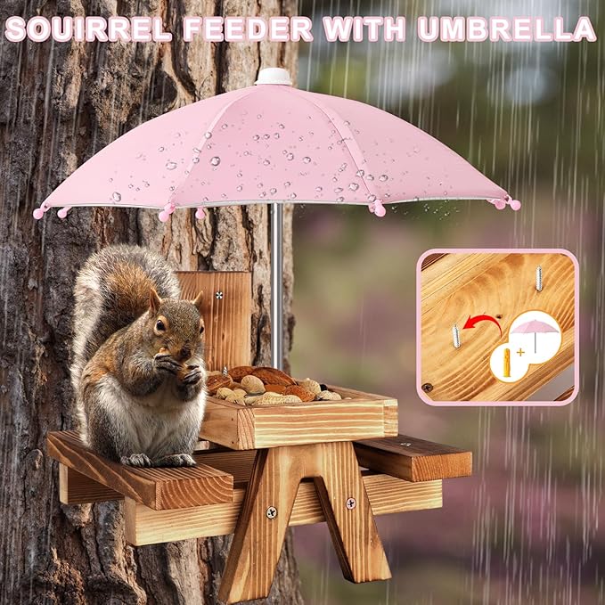 Gnodary Squirrel Feeder with Umbrella, Squirrel Feeders for Outside, Squirrel Picnic Table Feeder - Chipmunk Feeder Hold Corn, Corn Cob, Peanuts (Pink)