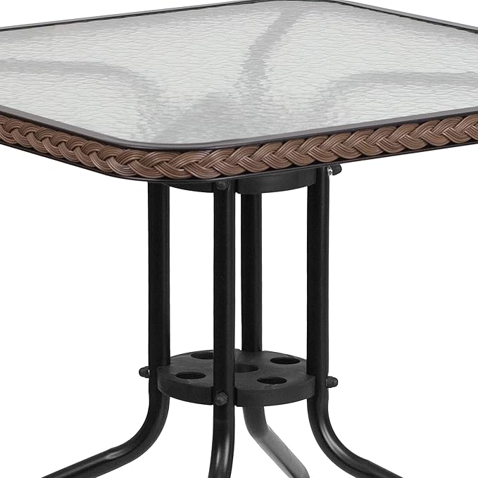 Flash Furniture Lila 3-Piece 28" Square Indoor/Outdoor Patio Table and Chairs Set, Glass Metal Bistro Table and 2 Stacking Rattan Chairs, Brown